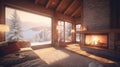 A cozy living room in a wooden chalet with a burning fireplace, a soft sofa and a fluffy carpet. Amazing view of the Royalty Free Stock Photo