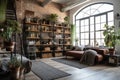 cozy loft interior with industrial accents, bookshelves and potted plants