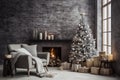 Cozy loft-style living room interior with Christmas tree, gift boxes and fireplace. AI generated