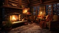 A cozy log cabin with a fireplace and a chair, AI Royalty Free Stock Photo