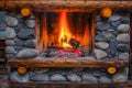 Cozy Log Cabin Fireplace With Vibrant Flames and Stone Surround - Perfect for Warmth and Comfort in Rustic Home Decor Royalty Free Stock Photo