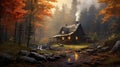 A cozy log cabin nestled in the woods, smoke rising from its chimney.