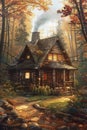A cozy log cabin nestled in the woods with a warm fire glowing in the fireplace and a beautiful fall landscape outside Royalty Free Stock Photo