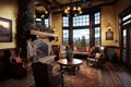 cozy lounge area, with fireplace and plush seating, surrounded by scenic views