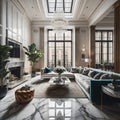 Cozy luxurious interior of a modern apartment. High ceilings, large bright windows. Royalty Free Stock Photo