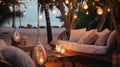 cozy Luxury resort, evening beach, candles blurred light on table ,sofa, hammock on front sunset sea