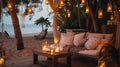 cozy Luxury resort, evening beach, candles blurred light on table ,sofa, hammock on front sunset sea