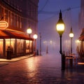 Cozy magical street cafÃ© at night. Warm glow over patrons relaxing at the tables. Urban night background. Digital