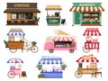 Cozy market stalls and booths. Coffee and bakery shop, ice cream van, popcorn, cotton candy, hot dog and drinks kiosks vector