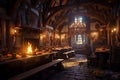 Cozy medieval tavern inn interior with food and drink on tables, burning open fireplace, candles Royalty Free Stock Photo