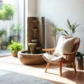 A cozy meditation chair with plush cushions positioned near a small indoor fountain creating a tranquil atmosphere with soft water