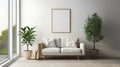 Cozy messy couch indoor greenery ai generated frame mockup living room