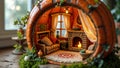 Cozy miniature pumpkin house interior with bookshelf and fireplace Royalty Free Stock Photo
