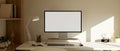 Cozy minimal white home office workspace interior with PC desktop computer mockup on white table Royalty Free Stock Photo