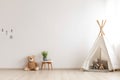 Cozy minimalist nursery room, Baby newborn room interior, Light colors, Scandinavian style. Generative ai Royalty Free Stock Photo