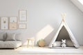 Cozy minimalist nursery room, Baby newborn room interior, Light colors, Scandinavian style. Generative ai Royalty Free Stock Photo