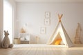 Cozy minimalist nursery room, Baby newborn room interior, Light colors, Scandinavian style. Generative ai Royalty Free Stock Photo