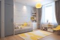 Cozy minimalist nursery room, Baby newborn room interior, Light colors, Scandinavian style. Generative ai Royalty Free Stock Photo