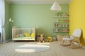 Cozy minimalist nursery room, Baby newborn room interior, Light colors, Scandinavian style. Generative ai Royalty Free Stock Photo