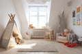 Cozy minimalist nursery room, Baby newborn room interior, Light colors, Scandinavian style. Generative ai Royalty Free Stock Photo