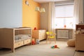 Cozy minimalist nursery room, Baby newborn room interior, Light colors, Scandinavian style. Generative ai Royalty Free Stock Photo