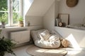 A cozy minimalist reading nook next to a window with natural light.