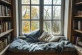 A cozy minimalist reading nook next to a window with natural light.