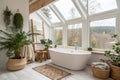 Cozy Modern Bathroom Design with White Bathtub and Green Plants Royalty Free Stock Photo