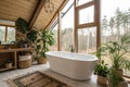 Cozy Modern Bathroom Design with White Bathtub and Green Plants Royalty Free Stock Photo