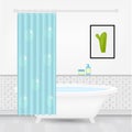 Cozy modern bathroom interior with bright curtain, modern bathtube, cactus picture, hygiene products in the house with brick wall