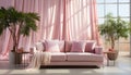 Cozy modern bedroom with bright sunlight, comfortable bed, and pink decor generated by AI Royalty Free Stock Photo