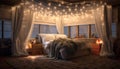 Cozy modern bedroom with comfortable bed, illuminated by electric lamp generated by AI Royalty Free Stock Photo
