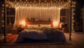 Cozy modern bedroom with comfortable bed, illuminated by electric lamp generated by AI Royalty Free Stock Photo