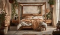 Cozy modern bedroom with rustic wood accents and luxurious bedding generated by AI Royalty Free Stock Photo