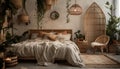 Cozy modern bedroom with rustic wood decor generated by AI Royalty Free Stock Photo