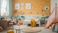 A cozy, modern bedroom with vibrant colors and cute decor generated by AI