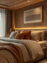 Cozy modern bedroom with warm ambient lighting Royalty Free Stock Photo