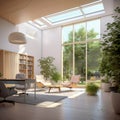 Cozy modern bright light relax room with bookcase, lounge chair and plant decorate, open ceiling glass and large bank of windows.