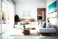Cozy modern bright living room with sofa and interior. Generative ai design Royalty Free Stock Photo