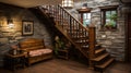 Cozy modern entrance hall with rustic wooden staircase and stone cladding wall in a warm home Royalty Free Stock Photo