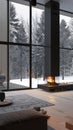 Cozy modern living room with fireplace and large window overlooking snowy forest, contemporary home and winter retreat