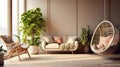 Cozy modern living room interior. Boho style hanging wicker egg chair, beige textile sofa and armchair, green plants in Royalty Free Stock Photo