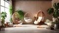 Cozy modern living room interior. Boho style hanging wicker egg chairs with cushions, stylish armchairs, green plants in