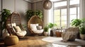 Cozy modern living room interior. Boho style hanging wicker egg chairs and hanging lamp, textile armchair, plants in Royalty Free Stock Photo