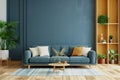 Cozy modern living room interior have sofa on empty dark blue wall background.3d rendering. Royalty Free Stock Photo