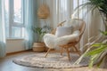 Cozy Modern Living Room Interior with Stylish Armchair, Natural Light, and Green Plants Decoration Royalty Free Stock Photo