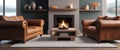 Cozy modern living room with leather sofas and fireplace by the lake Royalty Free Stock Photo