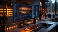 Programmers workspace featuring illuminated keyboard and a large curved monitor displaying code with city skyline b Royalty Free Stock Photo
