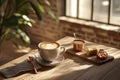 Cozy modern-rustic coffee scene with cappuccino, espresso and pastries Royalty Free Stock Photo