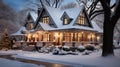 Cozy Modern Suburban Home Aglow with Christmas Lights and Falling Snow